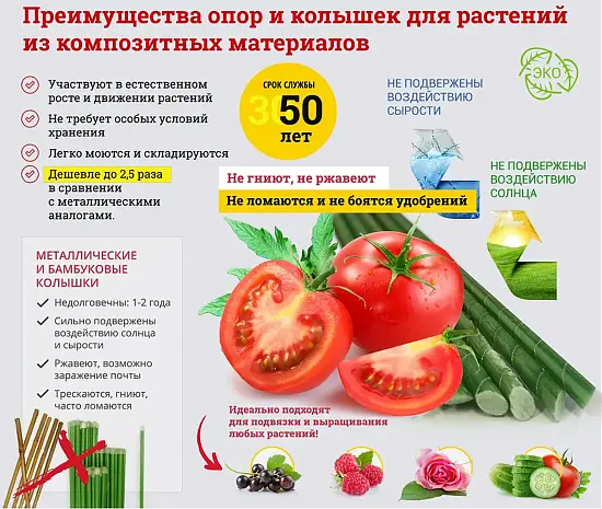 Колья для подвязки, композитные, h 180 см, 10 шт/уп