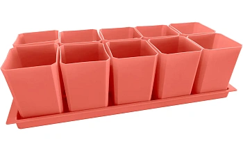 Набор пластиковых горшков для рассады (горшок 0,75 л, дно, поддон), розовый(терракотовый), 10 шт/уп