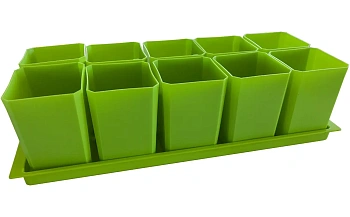 Набор пластиковых горшков для рассады (горшок 0,75 л, дно, поддон), зеленый, 10 шт/уп