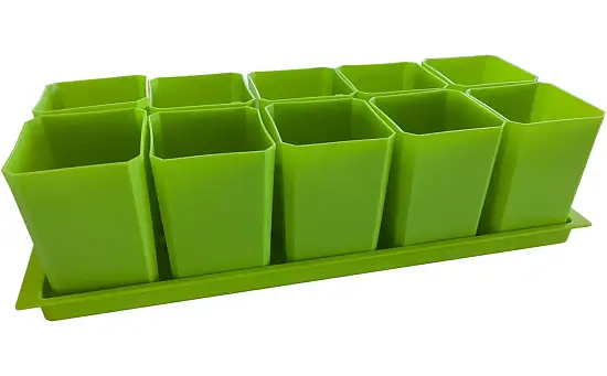 Набор пластиковых горшков для рассады (горшок 0,75 л, дно, поддон), зеленый, 10 шт/уп