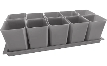 Набор пластиковых горшков для рассады (горшок 0,75 л, дно, поддон), серый, 10 шт/уп