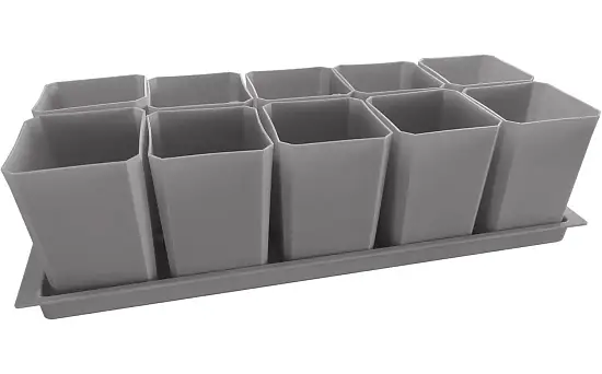 Набор пластиковых горшков для рассады (горшок 0,75 л, дно, поддон), серый, 10 шт/уп